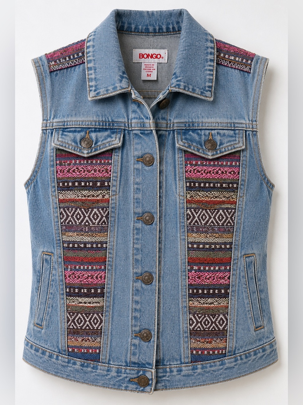 Bongo Y2K Denim Vest Boho Southwestern Woven Panel